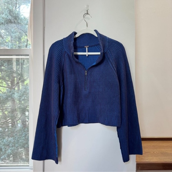 Free People Greta Half Zip Sweater Cropped Ribbed Knit Dark Navy Cobalt Blue XS - Picture 8 of 10